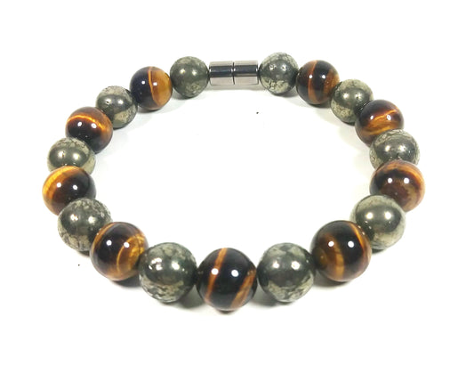 Pyrite & Tiger Eye Bead Bracelet For Men And Women - Confidence - Good Luck - Super Strong Magnetic Clasp