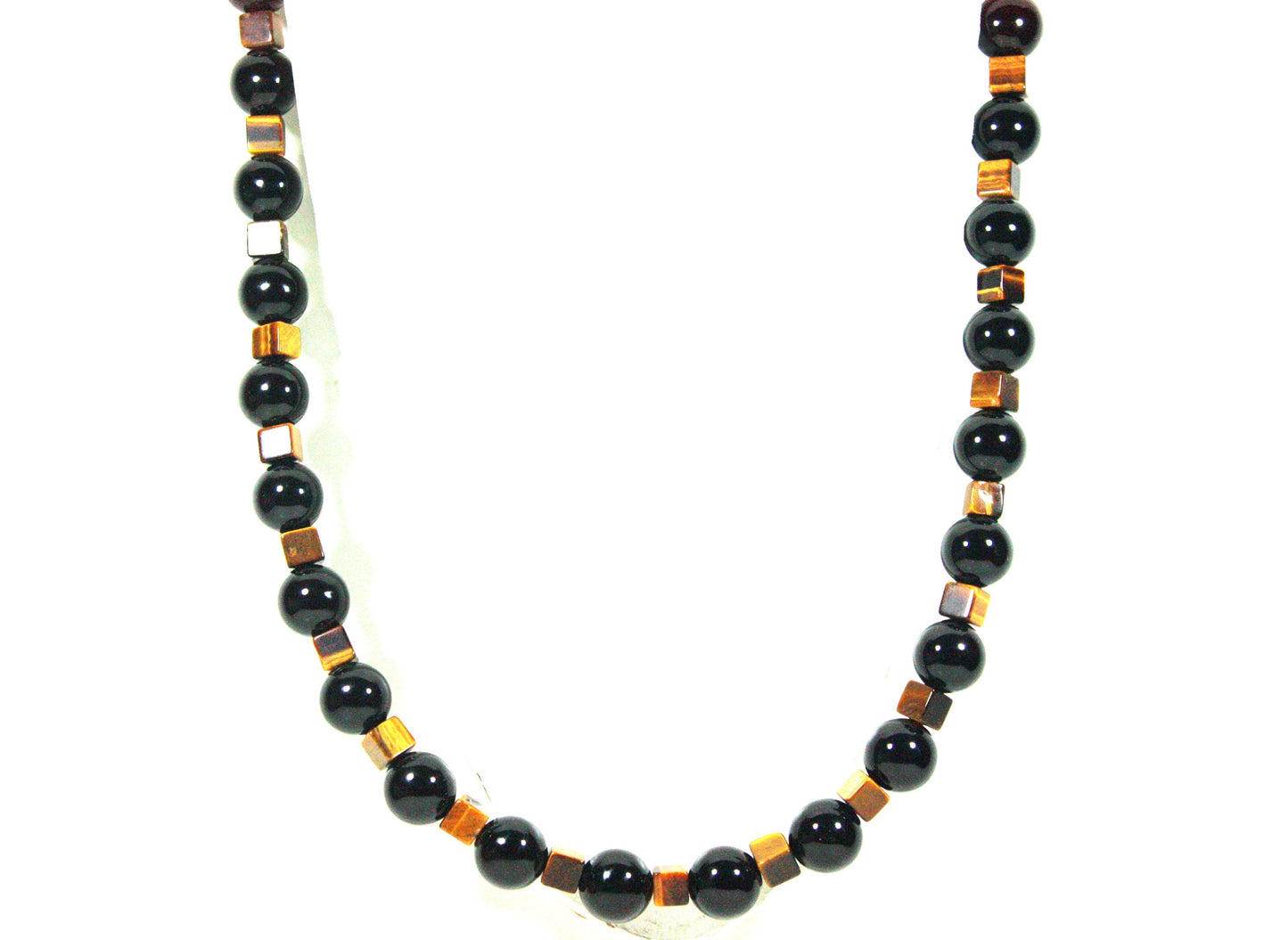 Auras by Osiris - Cube Tiger Eye and Onyx Beaded Necklace for Men and Women - Auric Shielding - Confidence - Good Luck - Handcrafted in USA
