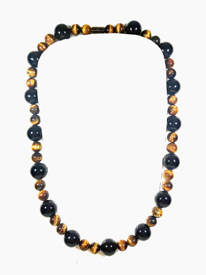 Onyx & Tiger Eye Necklace for Men – Protection Crystal Jewelry with Aura Shielding | 16mm Beaded Gemstone Necklace with Magnetic Clasp