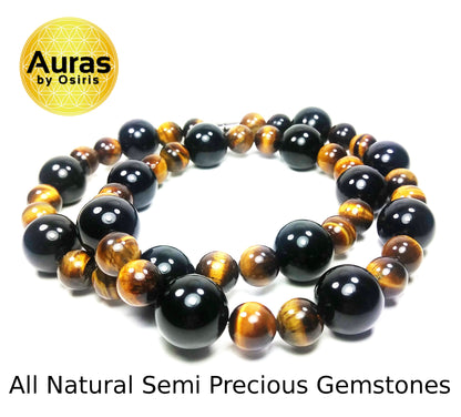 Onyx & Tiger Eye Necklace for Men – Protection Crystal Jewelry with Aura Shielding | 16mm Beaded Gemstone Necklace with Magnetic Clasp