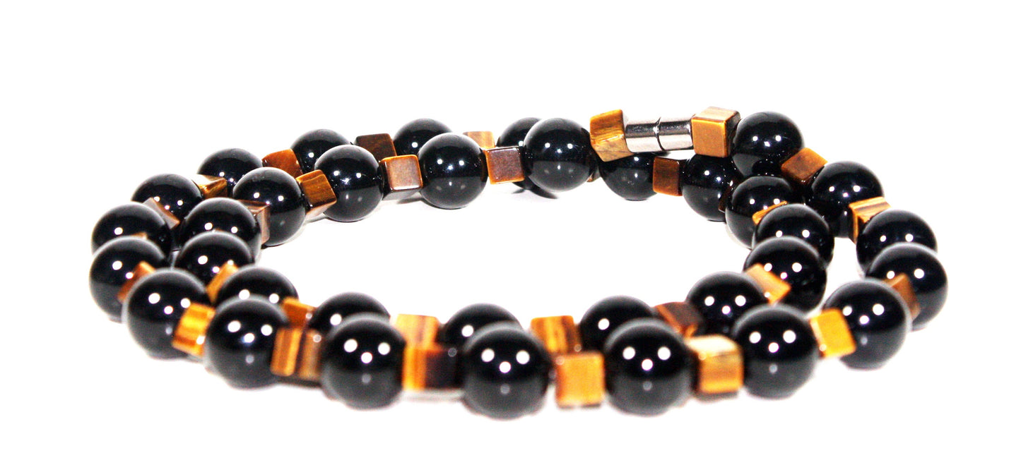 Auras by Osiris - Cube Tiger Eye and Onyx Beaded Necklace for Men and Women - Auric Shielding - Confidence - Good Luck - Handcrafted in USA