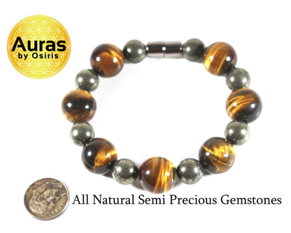 Tiger Eye & Pyrite Bead Bracelet For Men And Women - Confidence - Protection -Super Strong Magnetic Clasp