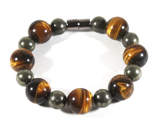Tiger Eye & Pyrite Bead Bracelet For Men And Women - Confidence - Protection -Super Strong Magnetic Clasp