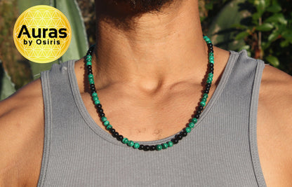 Black Obsidian & Malachite Necklace – Natural Gemstone Beaded Jewelry for Men & Women, Healing Crystal Protection Talisman (Handmade in USA)