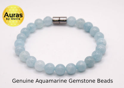 Auras by Osiris Aquamarine Crystal Bracelet (8mm) 🌊 | Serenity, Worry Shield & Energy Protection (Magnetic Clasp)