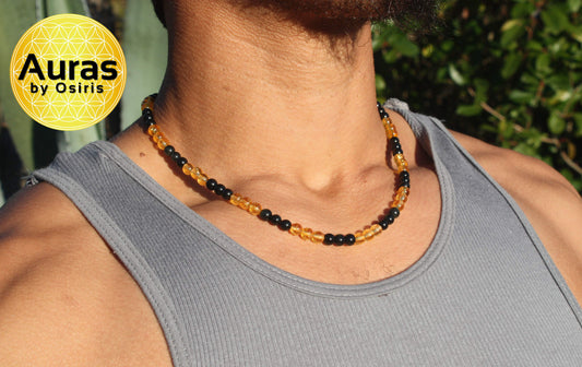 Black Obsidian & Citrine Necklace Natural Gemstone Jewelry Beaded Necklace for Men/Women Healing Crystal Talisman made in USA