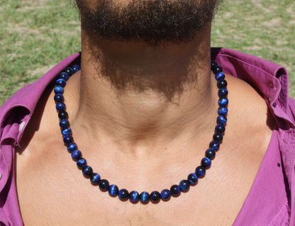 Blue Tiger Eye Necklace – African Tribal Beaded Necklace for Men & Women | Hawk’s Eye Crystal Protection Jewelry