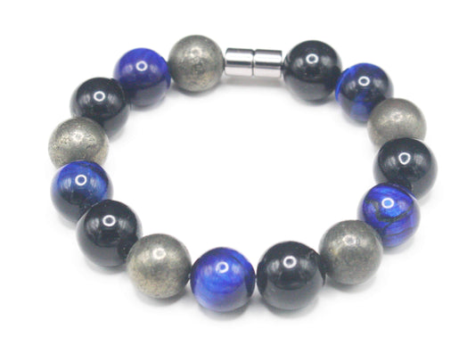12mm Triple Protection Bracelet - Gemstone Bracelet for Men/Women - Black Tourmaline - Blue Tiger Eye - Pyrite - Strong Magnet Clasp