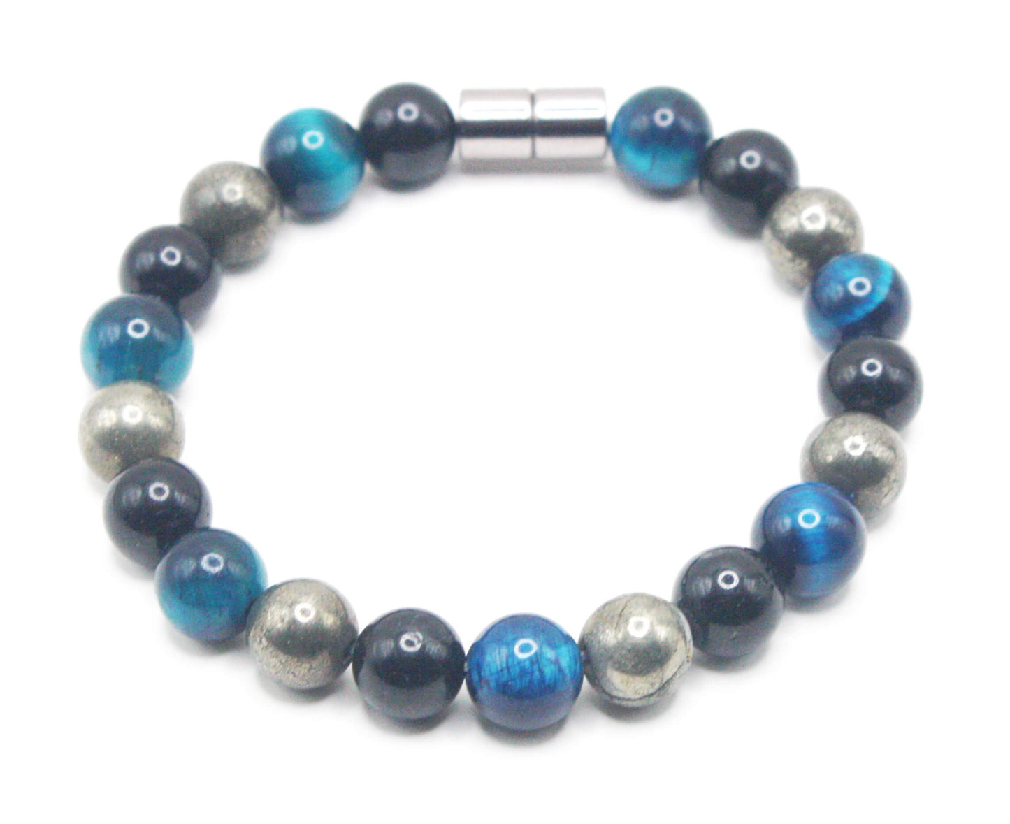8mm Triple Protection Bracelet for women/men Genuine Gemstone Bracelet - Black Tourmaline - Aqua Blue Tiger Eye - Pyrite Strong Magnet Clasp