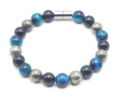 Auras by Osiris Triple Protection Bracelet (8mm) 🛡️💰 | Black Tourmaline, Pyrite & Aqua Blue Tiger Eye | EMF Shield, Wealth & Confidence w/ Strong Magnetic Clasp
