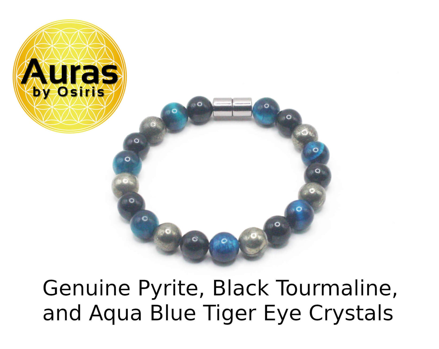 8mm Triple Protection Bracelet for women/men Genuine Gemstone Bracelet - Black Tourmaline - Aqua Blue Tiger Eye - Pyrite Strong Magnet Clasp