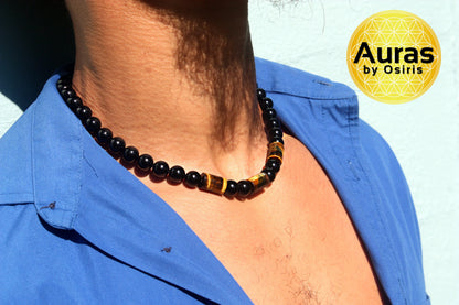 Men’s Black Onyx & Tiger’s Eye Necklace – Genuine Gemstone Protection & Prosperity Jewelry Handmade in USA