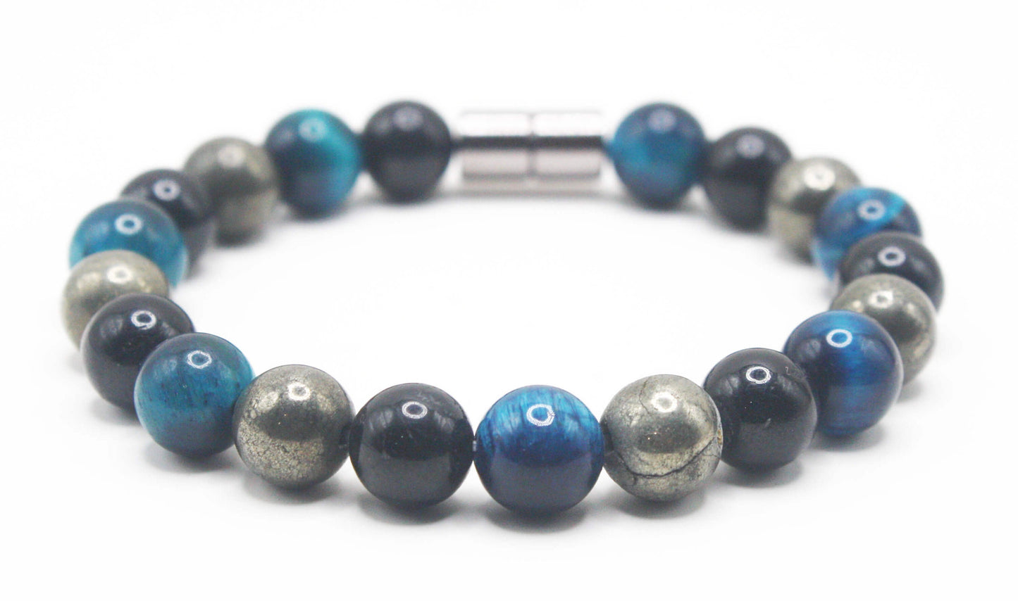 8mm Triple Protection Bracelet for women/men Genuine Gemstone Bracelet - Black Tourmaline - Aqua Blue Tiger Eye - Pyrite Strong Magnet Clasp
