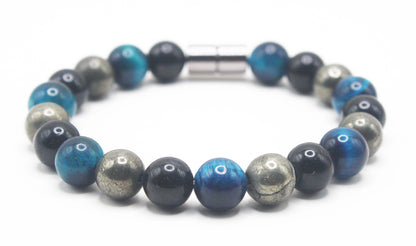 Auras by Osiris Triple Protection Bracelet (8mm) 🛡️💰 | Black Tourmaline, Pyrite & Aqua Blue Tiger Eye | EMF Shield, Wealth & Confidence w/ Strong Magnetic Clasp
