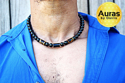 Men’s Black Onyx & Tiger’s Eye Necklace – Genuine Gemstone Protection & Prosperity Jewelry Handmade in USA