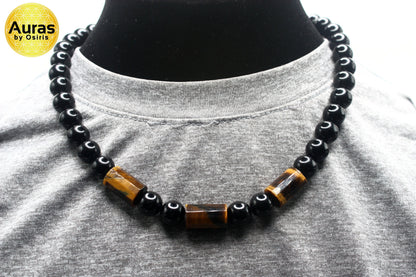 Men’s Black Onyx & Tiger’s Eye Necklace – Genuine Gemstone Protection & Prosperity Jewelry Handmade in USA