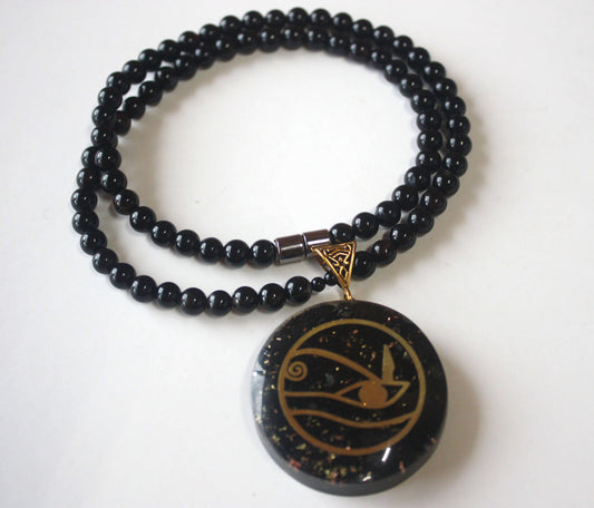 Black Tourmaline Eye of Horus Pendant Egyptian Jewelry Positive Field Generator on Genuine Black Onyx Necklace for Men/Women