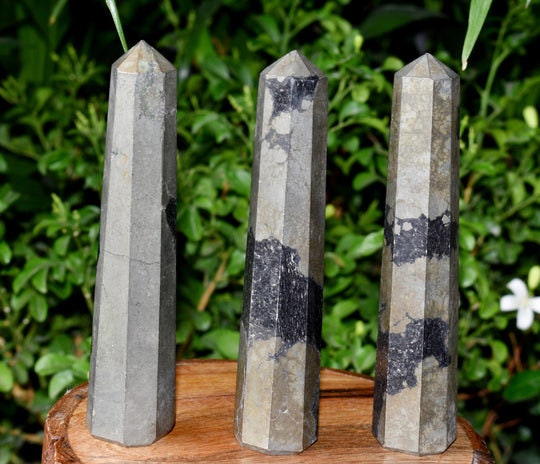 Pyrite Obelisk Tower Point, a natural crystal tower for a desk or shelf