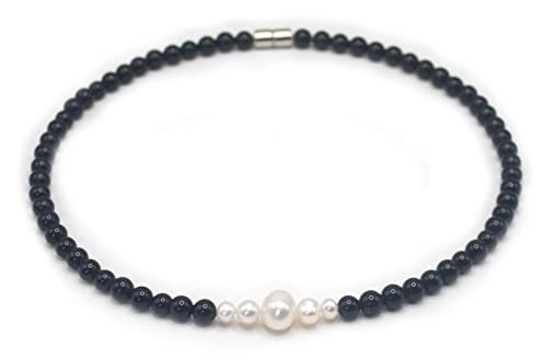 Onyx and Pearl Necklace for Men/Women Genuine Freshwater Pearl Jewelry with easy lock magnet clasp