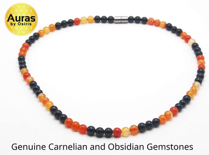 Obsidian & Carnelian Necklace Protection Stones Energy and Motivation Healing Crystal Jewelry for Men/Women