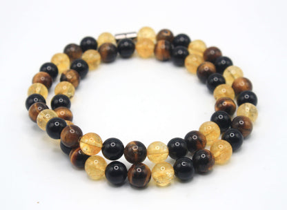 Citrine, Tiger Eye & Onyx Necklace – Handmade Gemstone Beaded Necklace for Men & Women | Abundance, Protection & Confidence