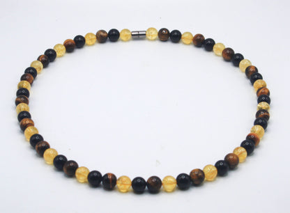 Citrine, Tiger Eye & Onyx Necklace – Handmade Gemstone Beaded Necklace for Men & Women | Abundance, Protection & Confidence