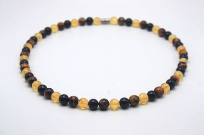 Citrine, Tiger Eye & Onyx Necklace – Handmade Gemstone Beaded Necklace for Men & Women | Abundance, Protection & Confidence