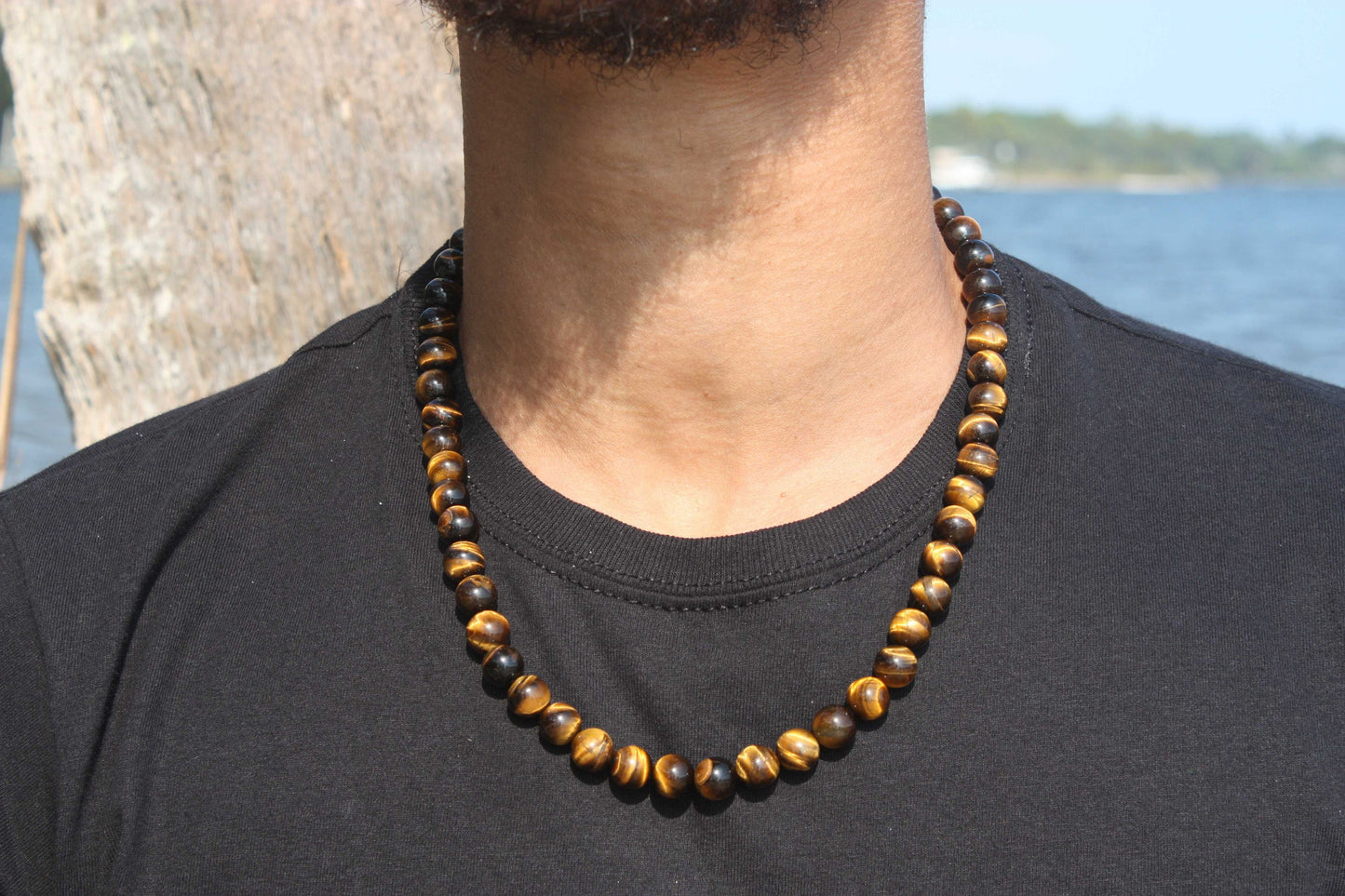 10mmTiger Eye Necklace - Mens Necklace - Beaded Necklace - Tribal Necklace - Good Luck - Confidence Gemstone Jewelry for Men/Women