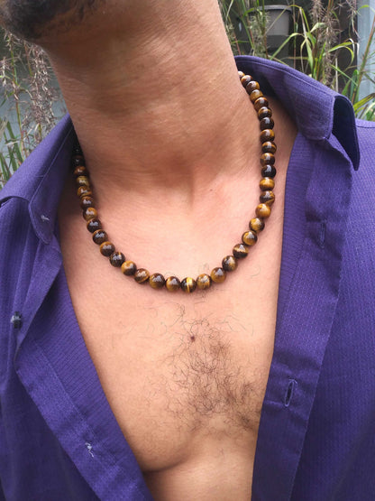10mm Tiger Eye Necklace – Men’s Beaded Tribal Jewelry for Good Luck, Confidence & Meditation | Natural Gemstone Mala Necklace