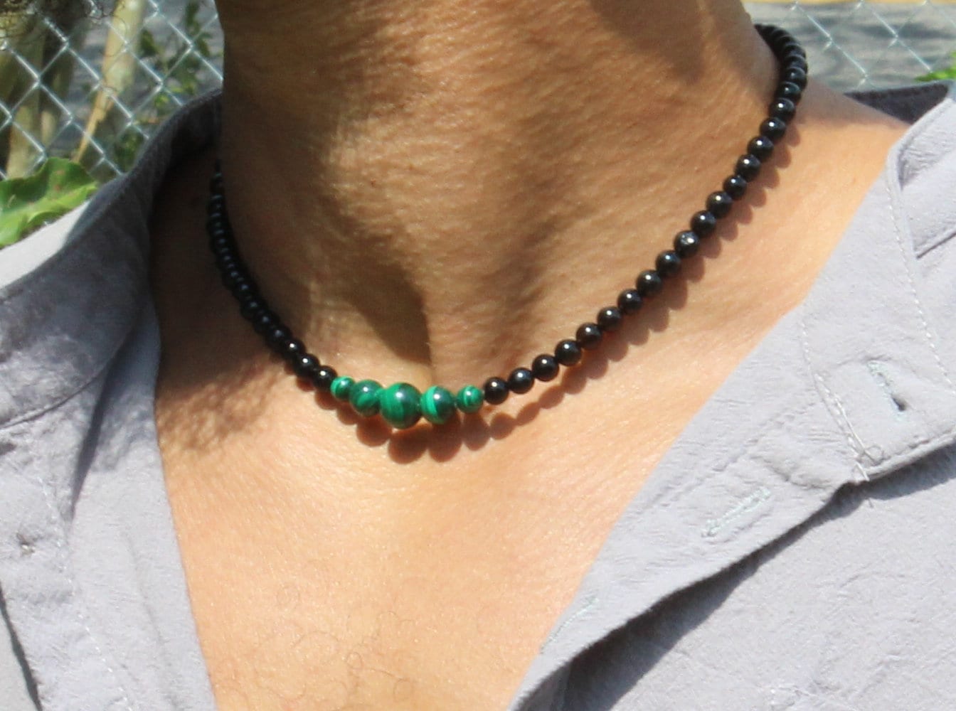 Onyx and Malachite Necklace for Men/Women Genuine Malachite Jewelry with easy lock magnet clasp