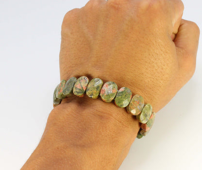 Auras by Osiris Faceted Unakite Bracelet 🟢🌸 | Emotional & Spiritual Rebalancing, Trauma Release & Transformation Jewelry | Elastic & Double Reinforced (6.5-7.5 Inch)