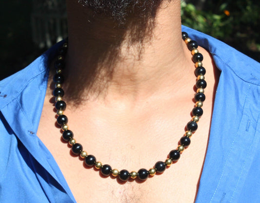 Black Onyx and Gold Necklace For Men/Women - 18k Gold Plated Copper Beads - AAA Genuine Onyx Gemstones   World's Strongest Magnetic Clasp