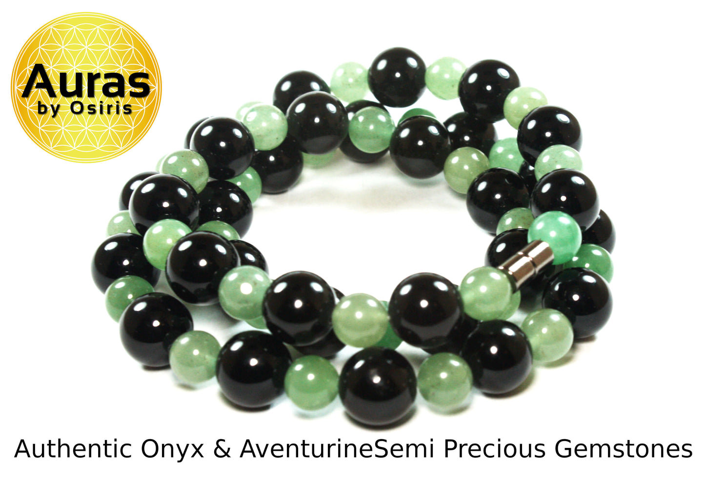 Black Onyx and Green Jade Aventurine Beaded Necklace 30 inch