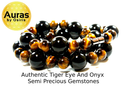24-Inch Black Onyx & Yellow Tiger Eye Necklace – 10-20mm AAA Gemstone Beads | Protection, Confidence & Healing Jewelry